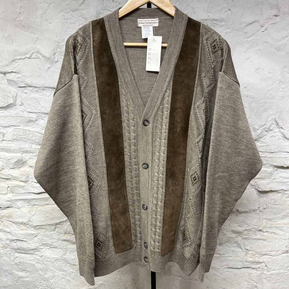 NWT Norm Thompson Cardigan Grandpa Sweater Suede Patches Wool Blend Made Italy